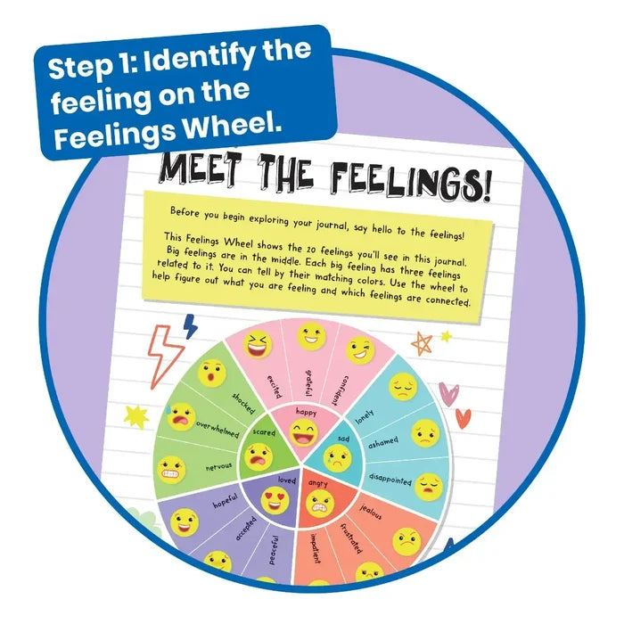 Colorful feelings wheel with five color-coded sections for various emotions and matching emoji face icons.