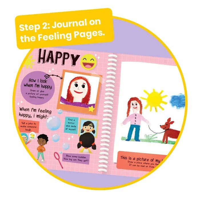Spiral journal page titled Happy with colorful prompts and drawings of a smiling girl, a sun, and a dog.