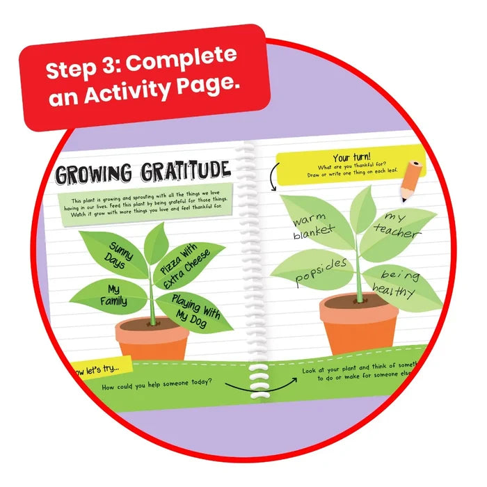 Spiral notebook page titled Growing Gratitude showing drawings of potted plants with words on green leaves.