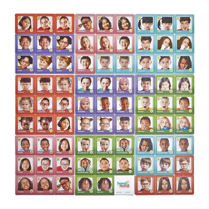 Grid of 80 colorful square cards featuring diverse children's faces with labeled emotions like happy, sad, and angry.