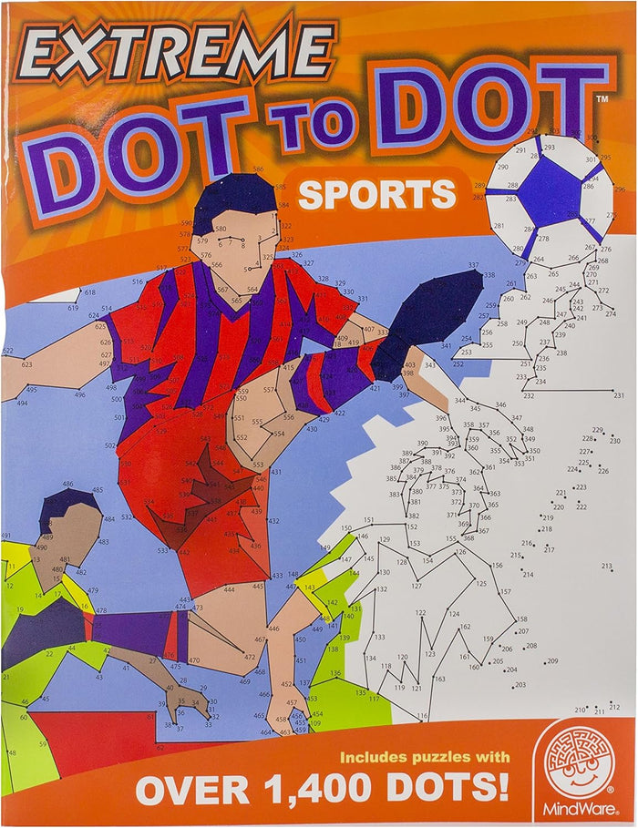 Sports dot-to-dot book cover with a soccer player illustration, numbered dots, and vibrant geometric patterns.