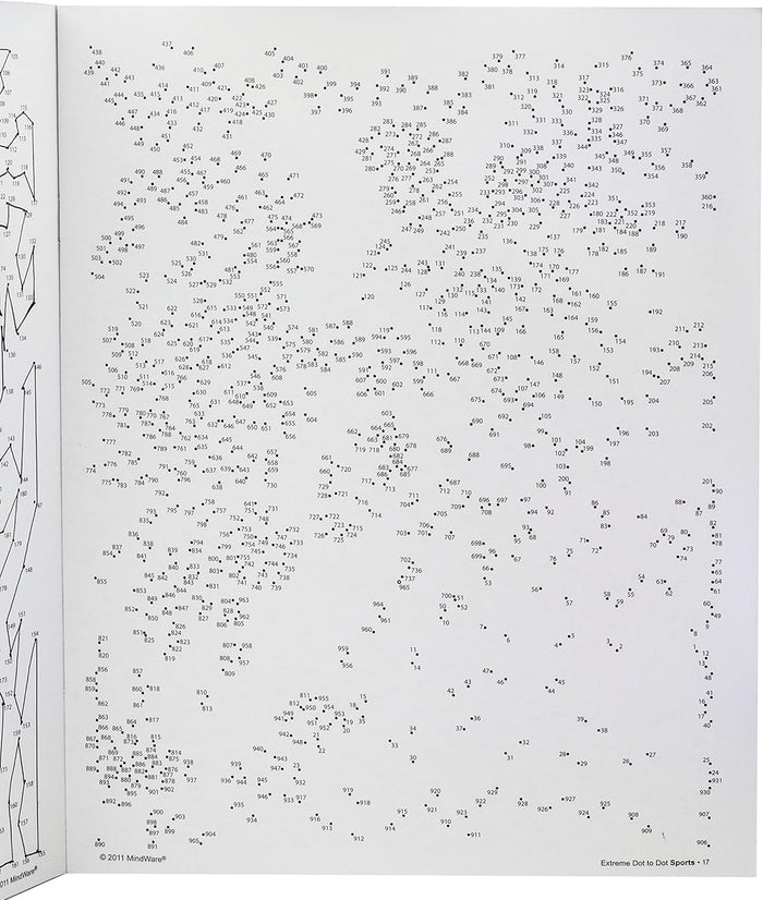 Open dot-to-dot book page with hundreds of small numbered black dots creating a complex sports-themed puzzle.