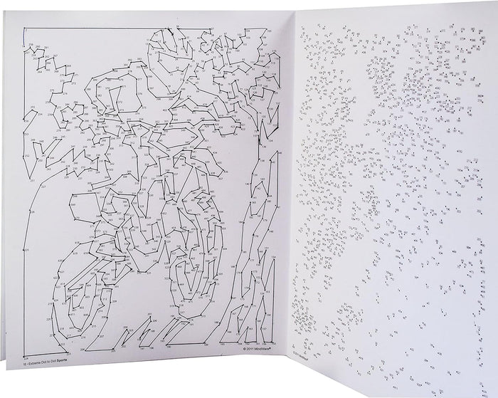 Open book with complex, high-numbered dot-to-dot puzzles with black ink dots and lines on white pages.