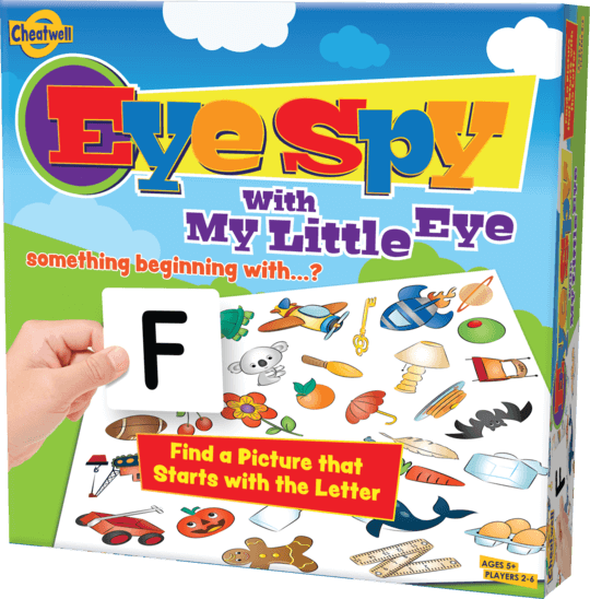 Colorful Eye Spy game box showing a hand holding the letter F card over a collage of small illustrated objects.