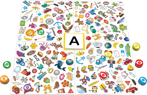 Four game boards covered in colorful icons, with a central letter A card and stacks of colored eye-symbol tokens.