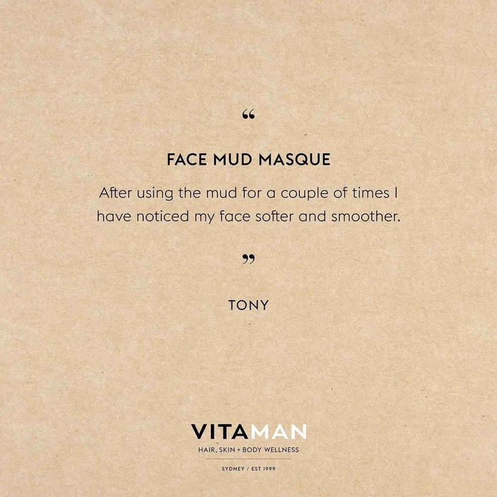 VITAMAN Australia Face Mud Masque 100ml for men's skincare, showing a jar of clay mask with natural ingredients and skincare branding.