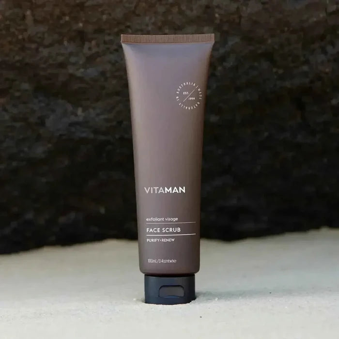 VITAMAN Australia face scrub in a skincare container, showcasing the product's textured exfoliating formula for clean, refreshed skin.
