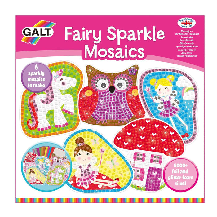 Galt craft kit box showing colorful sparkly mosaic art of a unicorn, owl, fairies, and a red mushroom house.