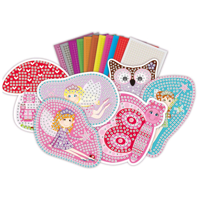 Mosaic art kit featuring fairy, animal, and mushroom templates with sheets of colorful, sparkly sticker tiles.