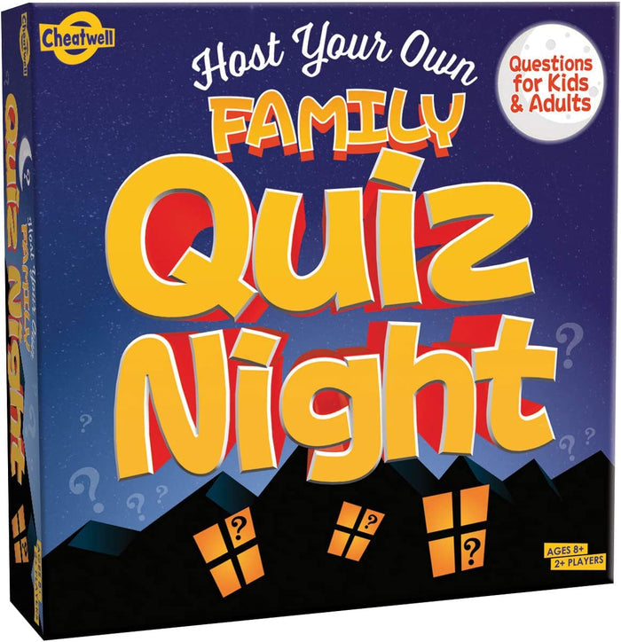 Bold yellow and red 3D text on a starry night sky above house silhouettes with glowing question mark windows.