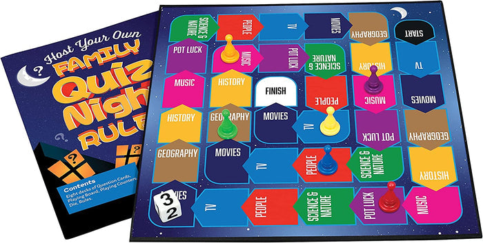 Starry night trivia board with colorful category squares, plastic pawns, a die, and a rulebook.
