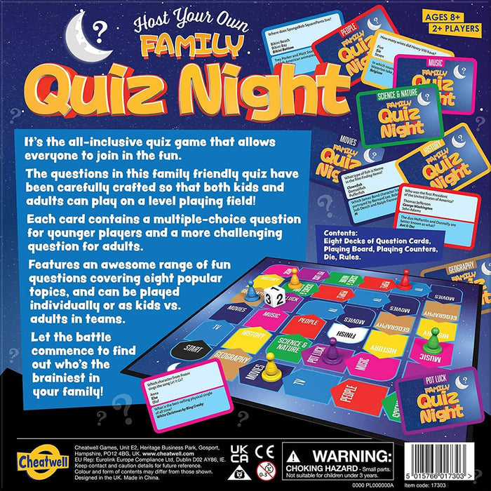 Colorful board game box for Family Quiz Night, with a game board, question cards, and multi-colored pawn pieces.