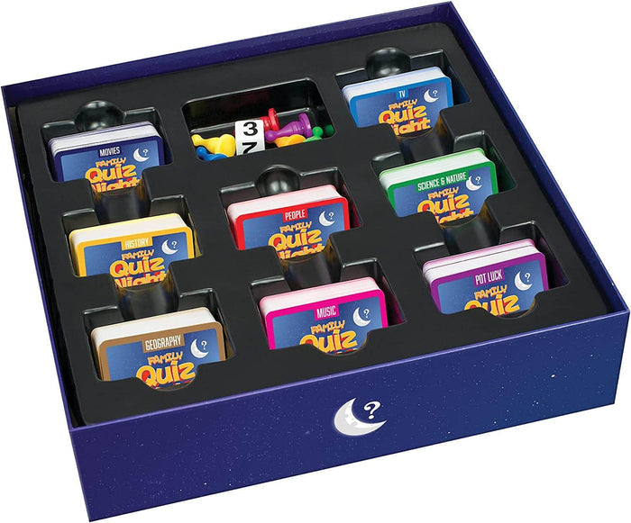 Open dark blue game box with eight decks of colorful trivia cards, colored plastic pawns, and a die.