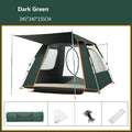 Green ECOTREK family tent, lightweight and easy to set up, shown pitched outdoors with multiple windows and spacious interior.