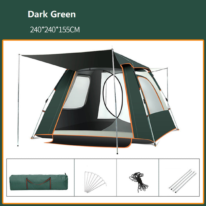 Green ECOTREK family tent, lightweight and easy to set up, shown pitched outdoors with multiple windows and spacious interior.