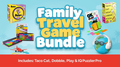 Four colorful travel games in boxes and cases surrounding bold yellow text, with a globe wearing headphones and glasses.