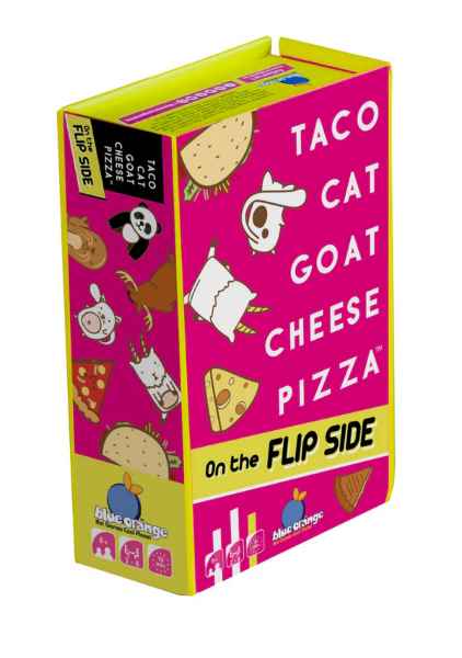 Bright pink and yellow game box featuring cartoon taco, cat, goat, cheese, and pizza illustrations.