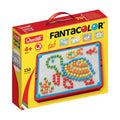 Yellow and red toy box showing a red pegboard with a colorful turtle design made from bright plastic pegs.