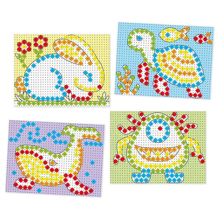 Four pegboards featuring colorful peg art designs of a rabbit, sea turtle, whale, and one-eyed monster.