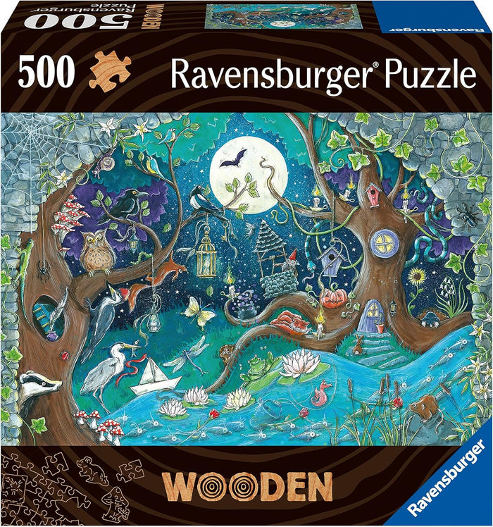 500-piece wooden puzzle box showing a colorful night forest with whimsical animals, glowing lanterns, and a full moon.