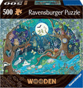 500-piece wooden puzzle box showing a colorful night forest with whimsical animals, glowing lanterns, and a full moon.