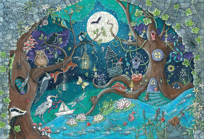 Whimsical wooden puzzle of a magical night forest featuring a full moon, owls, foxes, and glowing lanterns.