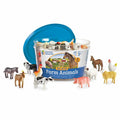 Clear tub with a blue lid and 60 colorful plastic farm animal counters like a cow, horse, pig, and sheep displayed.