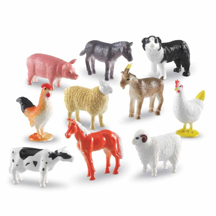 Ten detailed plastic farm animal toys including a spotted cow, reddish horse, pink pig, and white sheep.