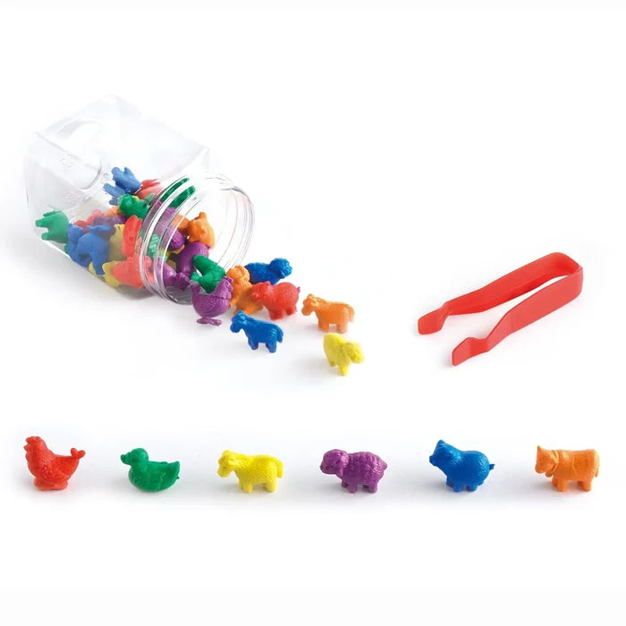Colorful plastic farm animal counters spilling from a clear jar with red tweezers and a row of sample animal shapes.