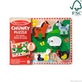 8-piece wooden farm puzzle with thick, chunky animal pieces on a green background featuring hills and a sun.