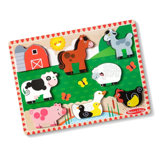 8-piece chunky wooden puzzle featuring a red barn and colorful farm animals like a cow, horse, pig, and sheep.
