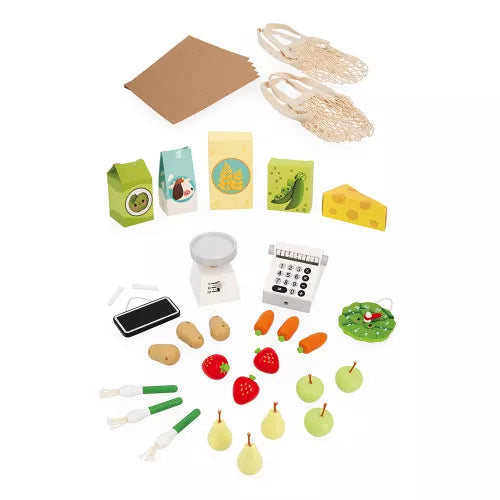 Wooden market toy with mesh bags, scale, register, and colorful wooden produce, grocery cartons, and paper bags.
