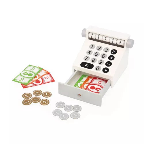 White wooden toy cash register with numeric keypad, open drawer, colorful play money, and coins.