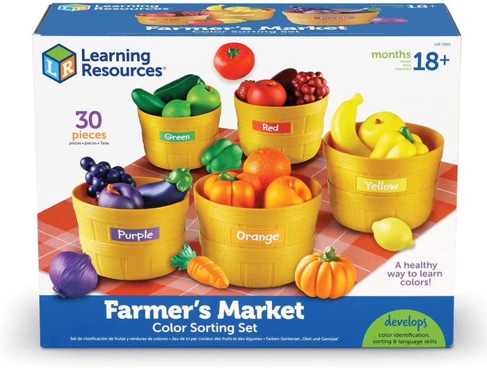 Toy box showing five color-coded baskets filled with matching plastic fruits and vegetables on a checkered surface.