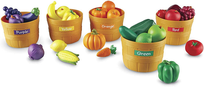 Five baskets labeled Purple, Yellow, Orange, Green, and Red, filled with color-matching toy fruits and vegetables.