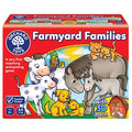 Red Farmyard Families game box featuring colorful cartoon illustrations of parent and baby farm animals.