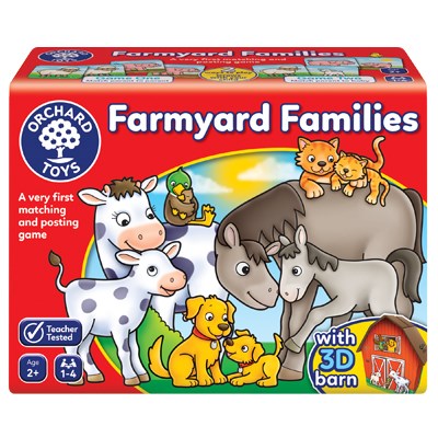 Red Farmyard Families game box featuring colorful cartoon illustrations of parent and baby farm animals.