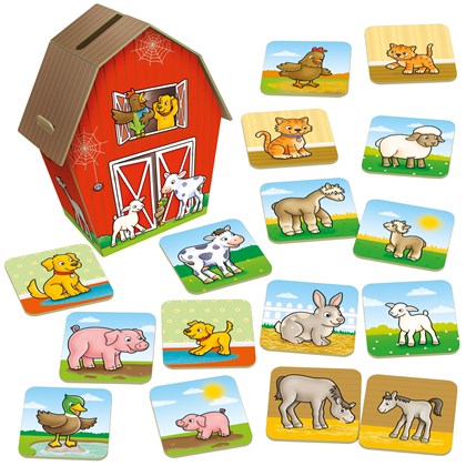 Red barn-shaped box with a top slot, surrounded by colorful square cards featuring various illustrated farm animals.