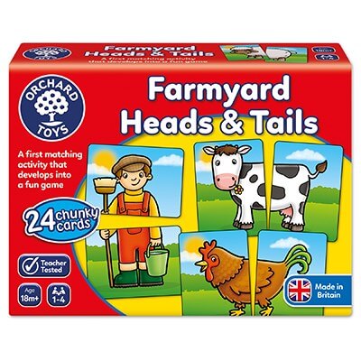 Red rectangular toy box showing illustrations of a farmer, black and white cow, and a brown hen on split matching cards.