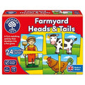 Red rectangular toy box showing illustrations of a farmer, black and white cow, and a brown hen on split matching cards.