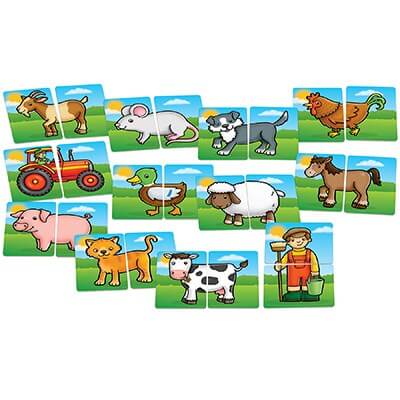 Twelve bright two-piece puzzles of cartoon farm animals, a farmer, and a tractor on green and blue backgrounds.