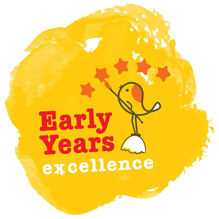 Early Years excellence logo featuring a bird on an eggshell with stars against a yellow watercolor splash background.