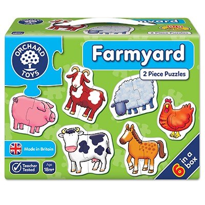 Orchard Toys Farmyard puzzle box showing six 2-piece animal puzzles: pig, goat, sheep, cow, horse, and hen.