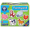 Orchard Toys Farmyard puzzle box showing six 2-piece animal puzzles: pig, goat, sheep, cow, horse, and hen.