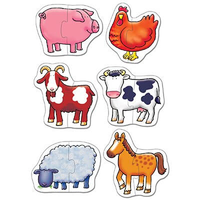 Six colorful 2-piece puzzles of a pink pig, red hen, goat, cow, fluffy sheep, and brown horse.