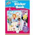 Bright blue and pink Galt sticker book cover with four stylish illustrated girls, accessory stickers, and a fluffy dog.