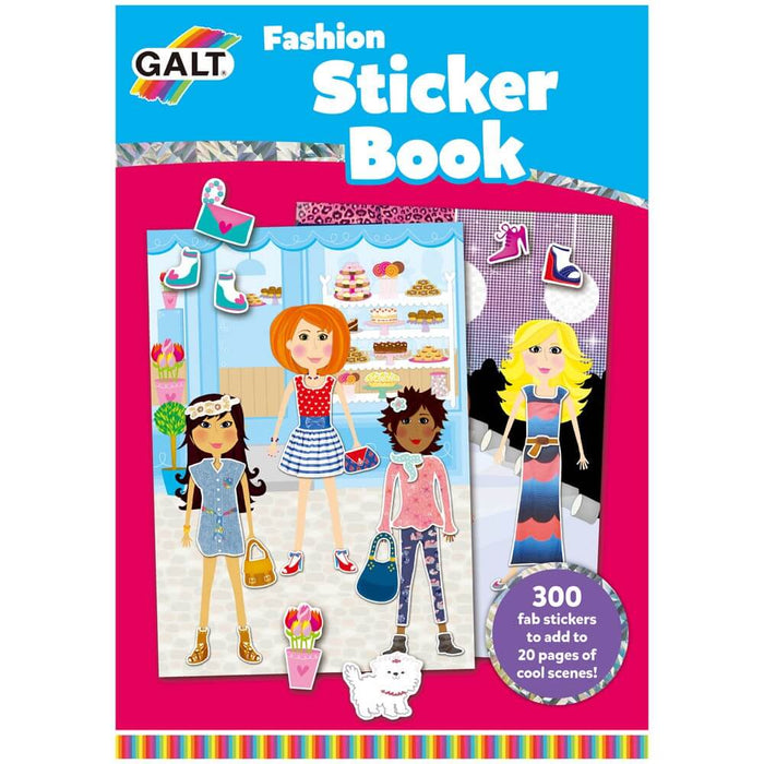 Bright blue and pink Galt sticker book cover with four stylish illustrated girls, accessory stickers, and a fluffy dog.