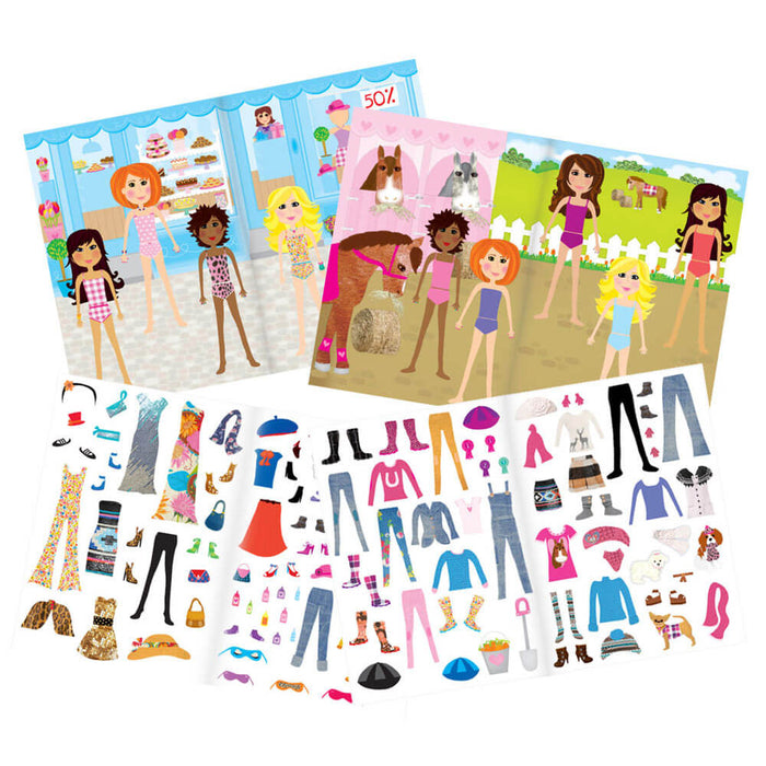 Fashion sticker set with shop and stable background scenes and sheets of colorful clothing and accessory stickers.