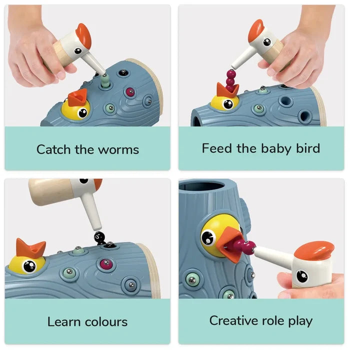 Four panels show a magnetic woodpecker wand catching colorful worms from a blue log to feed a baby bird.