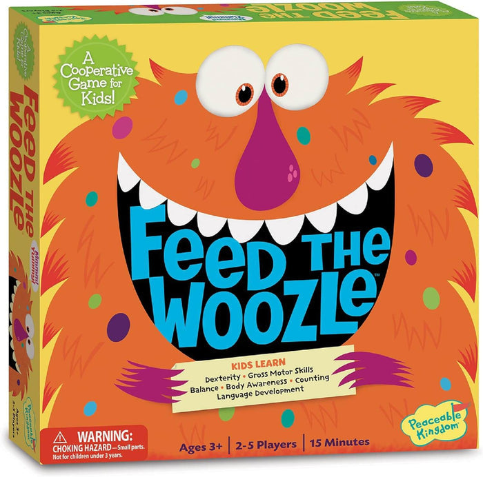 Yellow game box with a wide-eyed orange monster whose open mouth contains the blue block text Feed The Woozle.